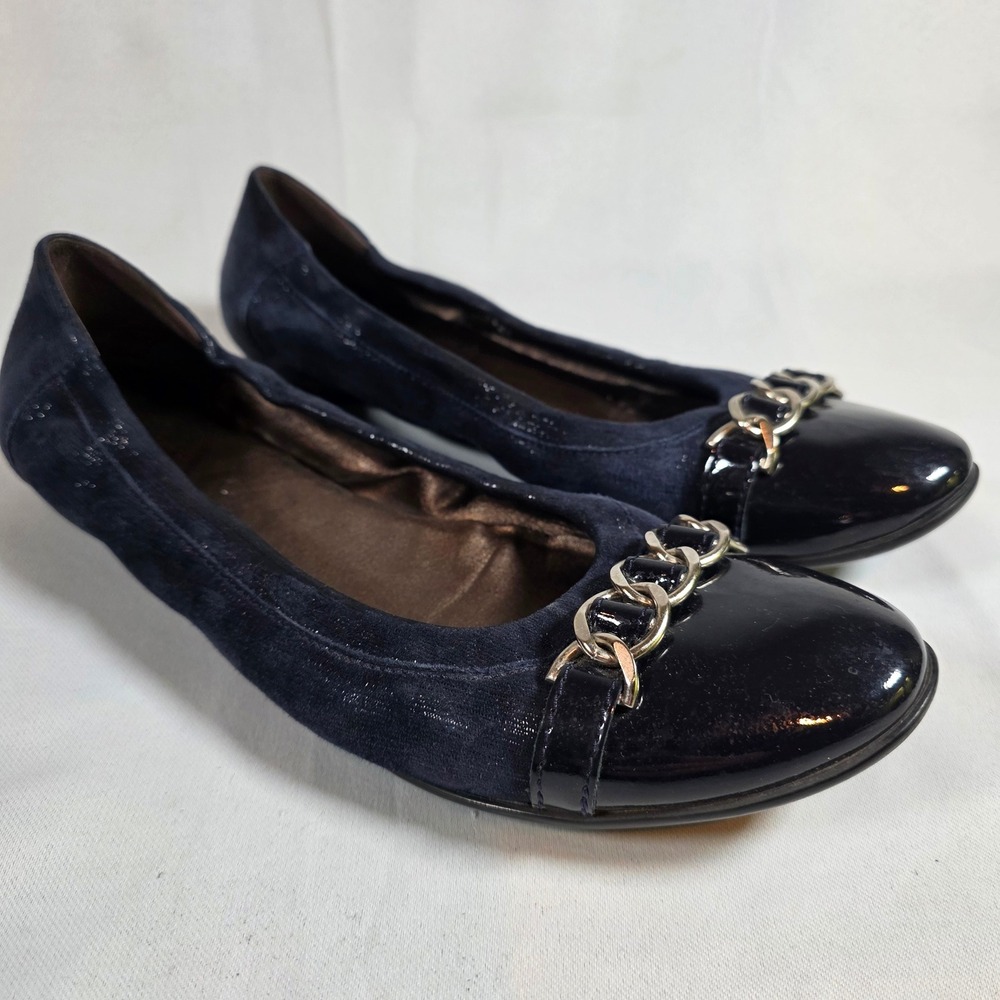 AGL Attilio Giusti Leombruni Navy Suede Patent Cap Toe Chain Ballet Flats 39.5